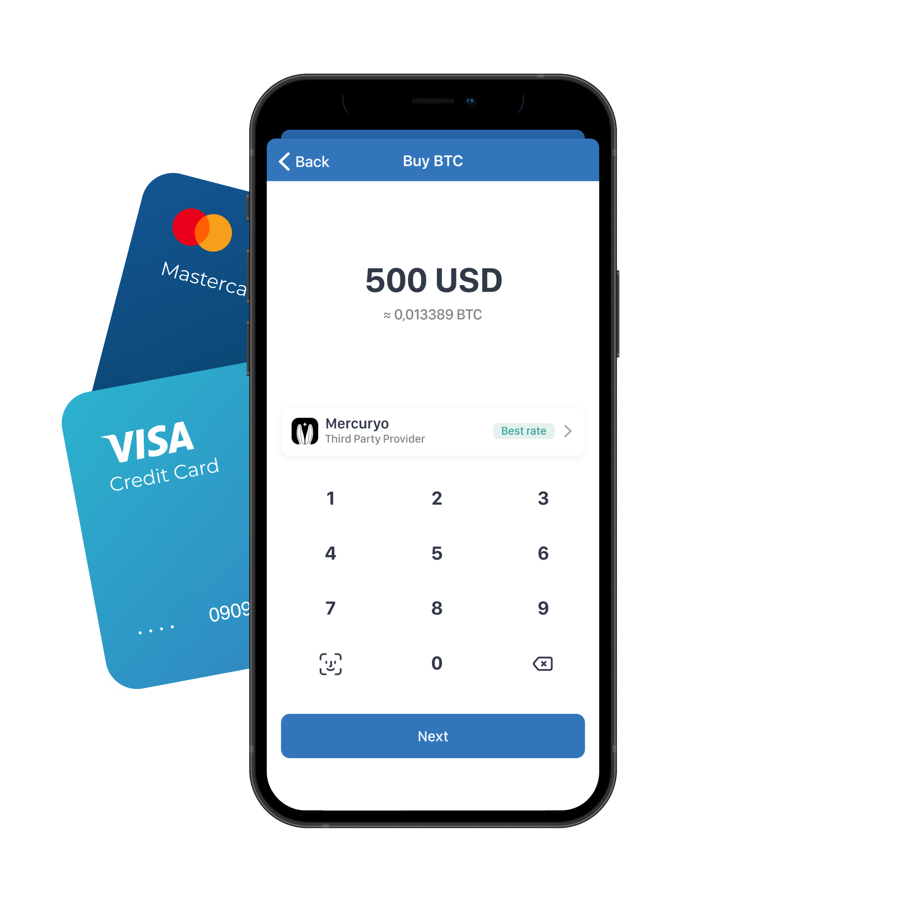  mobile mockup shows how it looks like to buy crypto with credit card